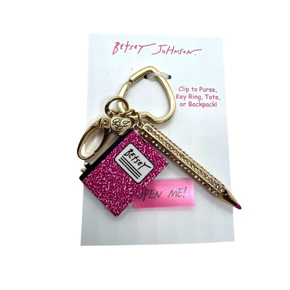 Betsey Johnson Pink Notebook & Pencil Keychain Bag Charm Purse Clip School - Picture 1 of 8